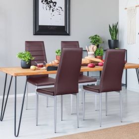Set of 4 Modern High Back PVC Leather Dining Chairs with Metal Legs (Color: Brown)