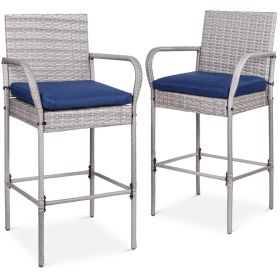Set of 2 Indoor/Outdoor Wicker Bar Stools (Option: Blue Cushions, Color: Grey)