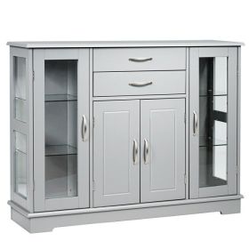 Wood Buffet Sideboard Cabinet with Glass Display Doors (Color: Grey)
