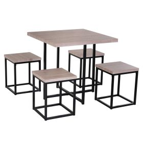 Farmhouse 5 Piece Square Wood Steel Kitchen Dining Set (Color: Natural)
