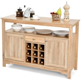 Wood Sideboard Dining Buffet Server Cabinet with Wine Rack and Storage Shelf (Color: Wood)