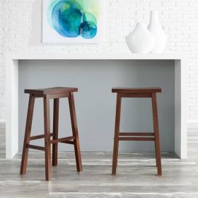 Set of 2 Farmhouse Bar Height Saddle Seat Barstools in Brown Walnut Wood Finish (Color: Brown)