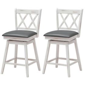 Set of 2 Wood 24-in Counter Height Farmhouse Swivel Cushion Seat Barstools (Color: White)