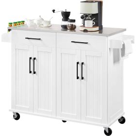 Kitchen Cart Island with Stainless Steel Top 2 Drawers and Cabinet (Color: White)