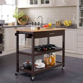 Kitchen Island Cart w/ Wood Top 2-Shelves Drawer and Locking Wheels (Color: Dark Brown)
