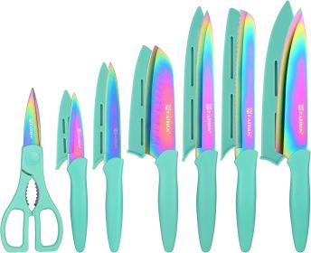 Kitchen Knife Set with Guards, 13 Piece Coated Stainless Steel Boxed Knives Set, Anti-Rust and Dishwasher Safe (Color: Rainbow)